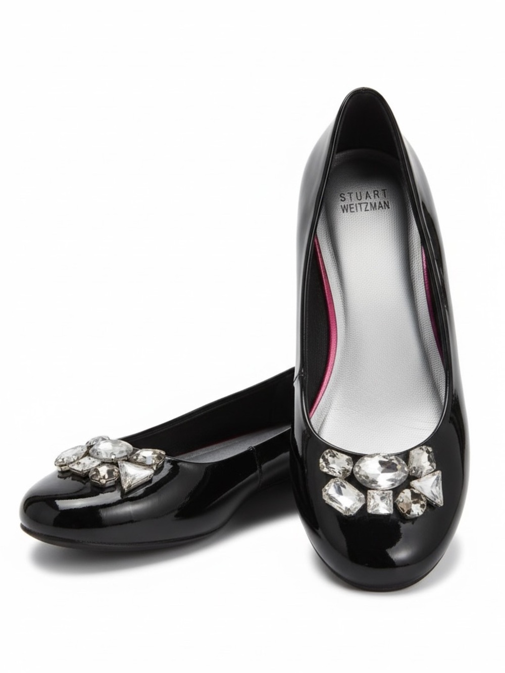 STUART WEITZMAN Leather Patent PRISM Crystals Ballet Flats Embellished Black 5